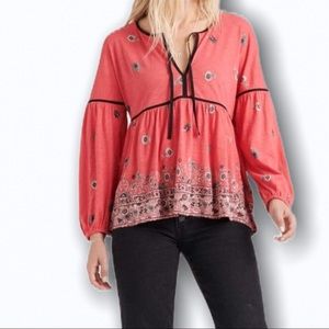 Lucky Brand Split Neck BOHO Blouse Cotton S